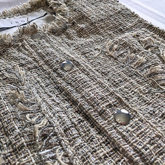 IRO Dilea Fringe Snap Mixed Beige & Metallic Silver Tweed Vest Jacket Size 34/XS - Picture 6 of 8